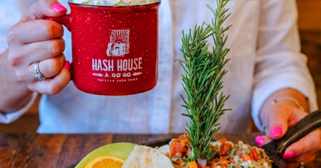 Hash House A Go Go branded coffee mug paired with a twisted farm food brunch dish you can eat at Mohegan Sun in Montville, Connecticut.