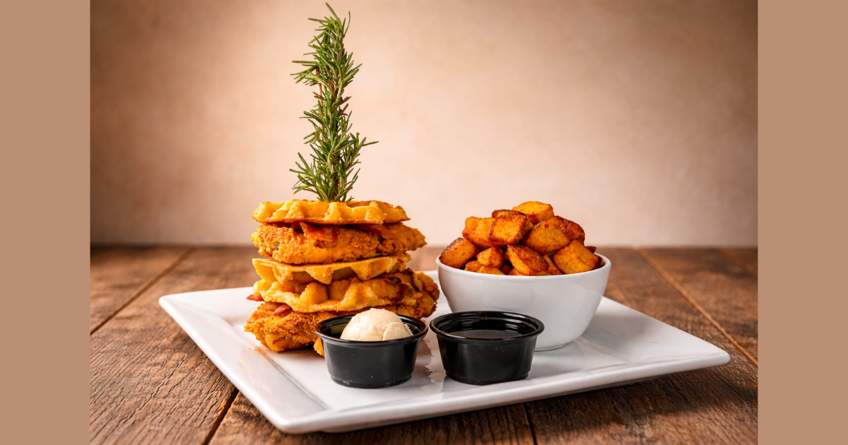 Chicken and waffle sandwich stack at Hash House A Go Go Mohegan Sun seasonal menu item.