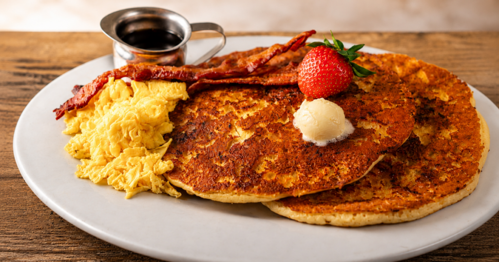 Brown Sugar Sausage Flapjack Stack with eggs and bacon at Hash House A Go Go Mohegan Sun
