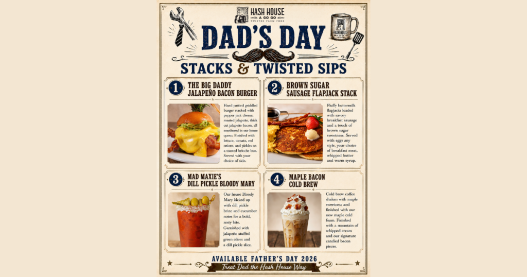 Father’s Day menu graphic for Hash House A Go Go Mohegan Sun featuring brunch plates and signature drinks